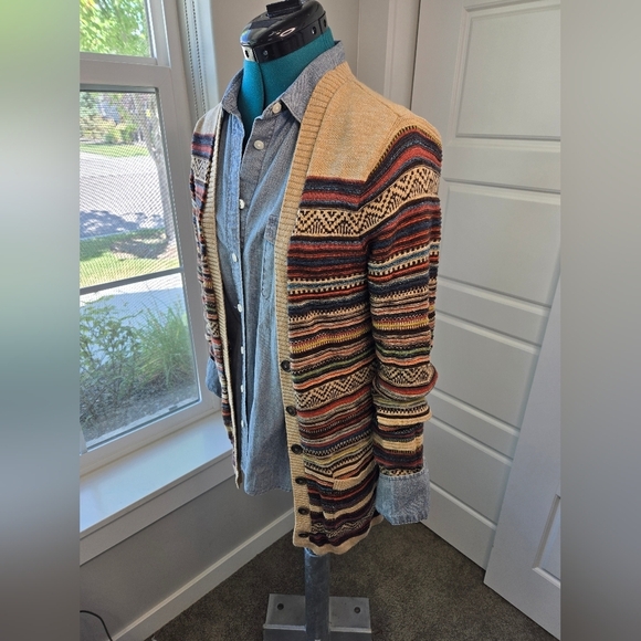 EDDIE BAUER LONG LINE BUTTON FRONT CARDIGAN COTTON SWEATER TAN STRIPE WOMEN S - Picture 2 of 15